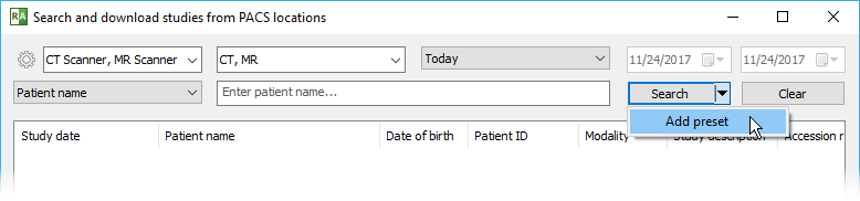 添加 PACS 搜索预设菜单