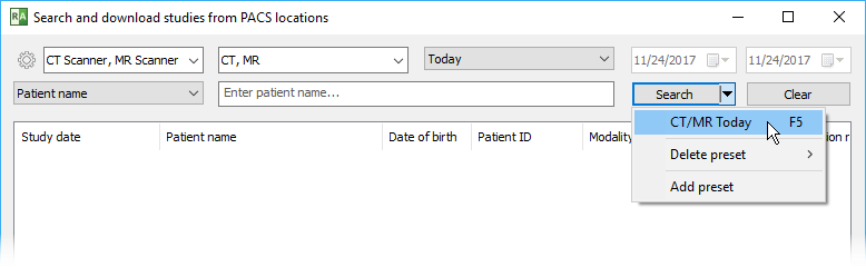 PACS 搜索预设下拉菜单